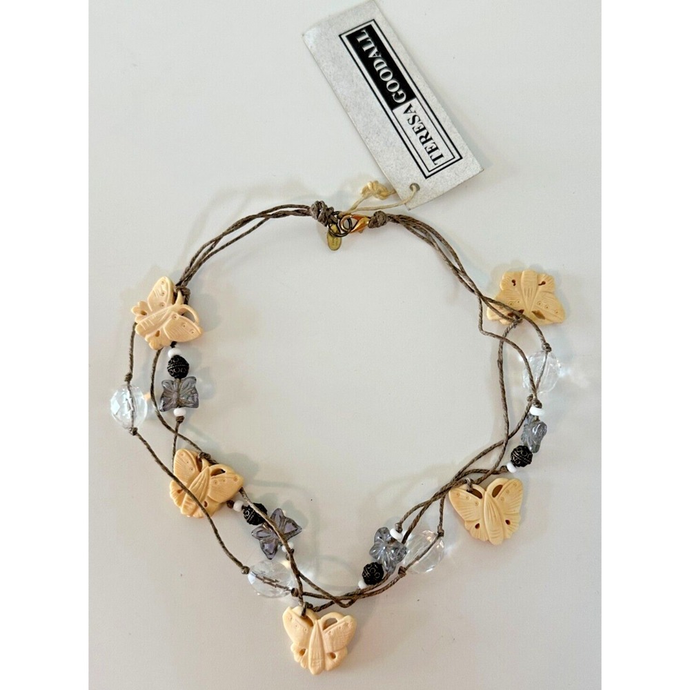 Teresa Goodall Necklace Butterfly Glass Resin Metal Linen Beaded 14 in with Tags